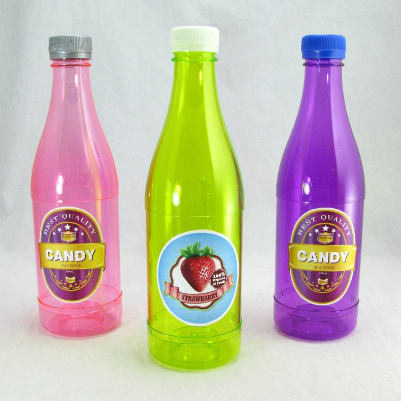 Beverage-bottle shaped plastic food containers, transparent